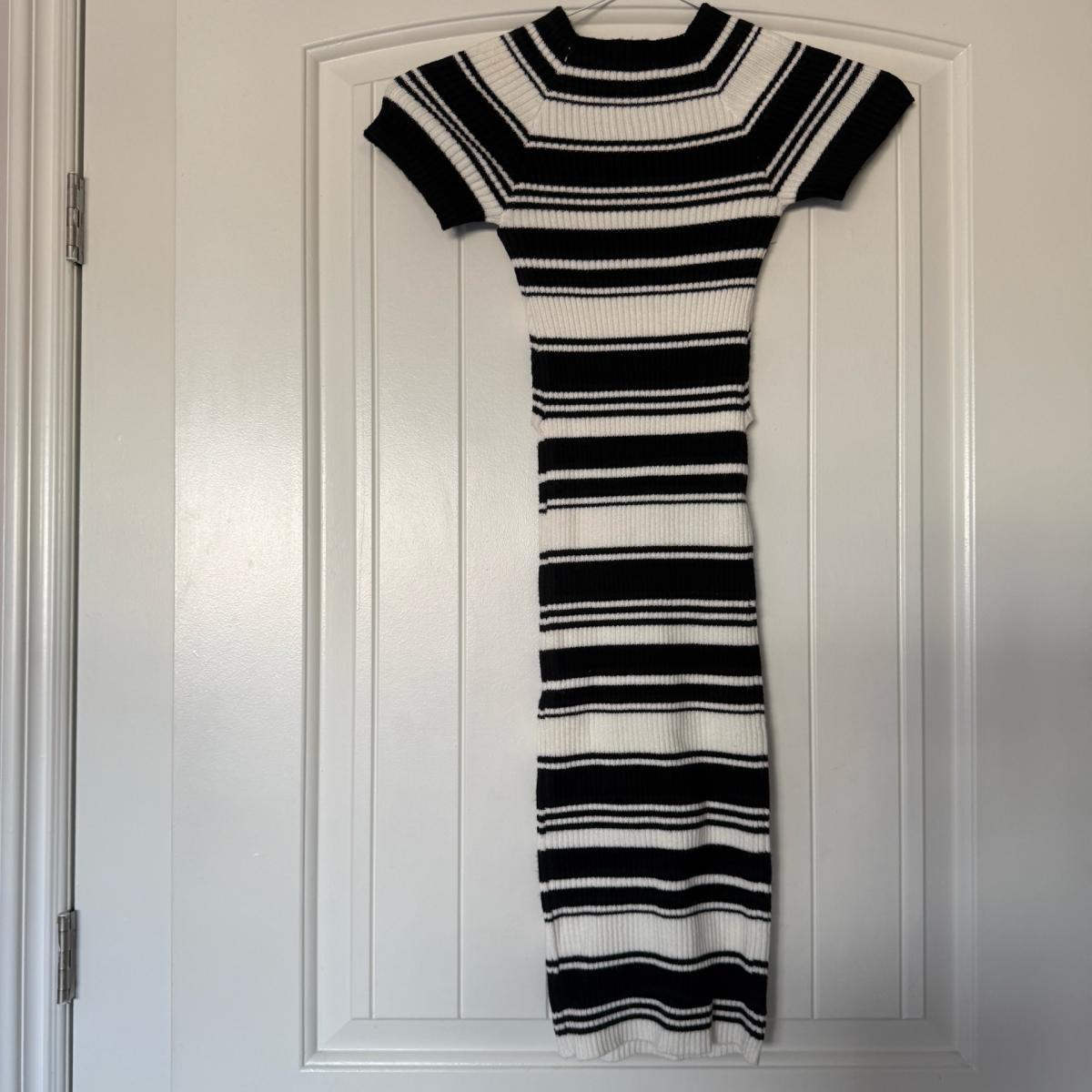 Brand New Ribbed Knit Black  Cream Striped Wrap Midi Dress