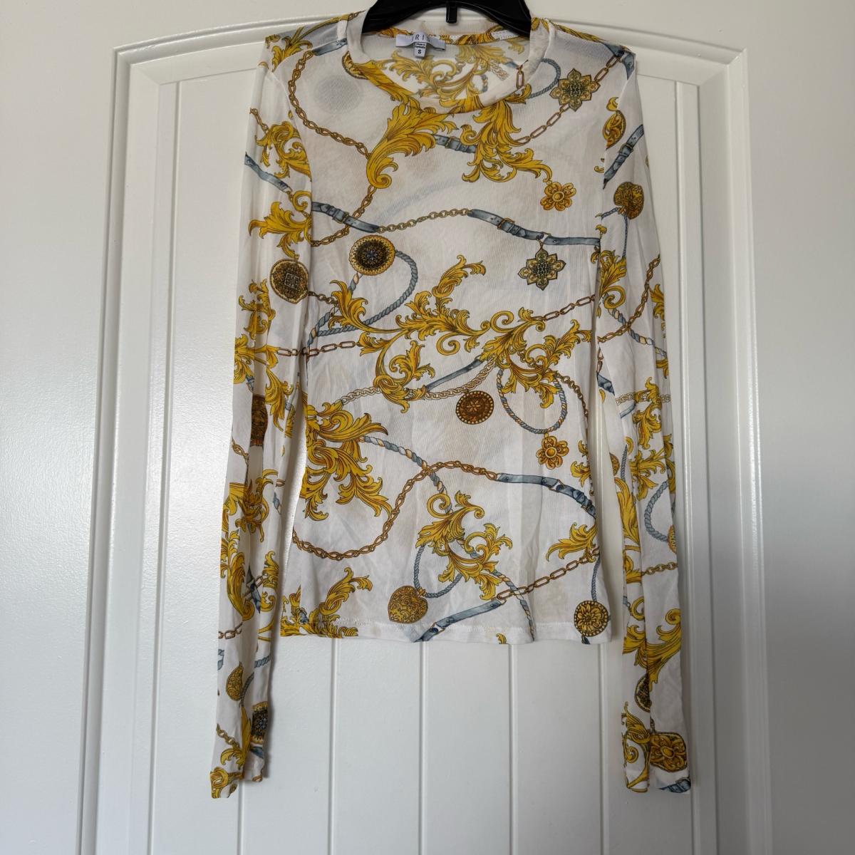 Gold Baroque Chain Print Sheer Mesh Long Sleeve Top  Size Sm