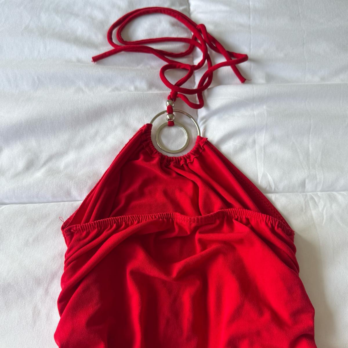 Bold Red Ruched Halter Tank with Metal Ring Detail S