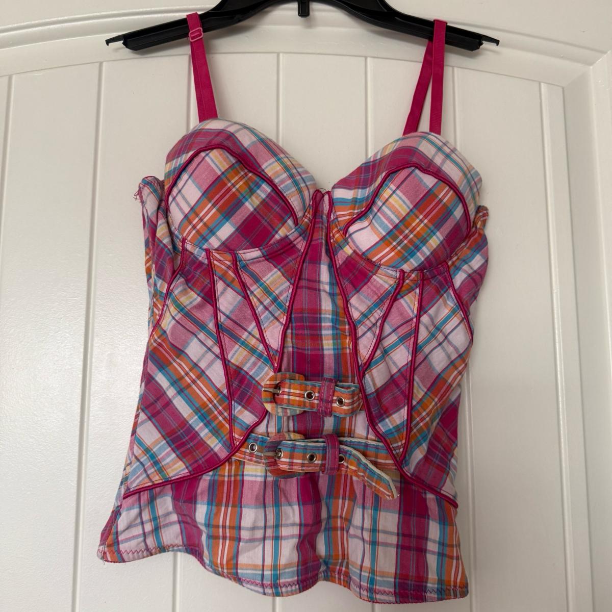 Pink Plaid Corset Bustier Top  Y2K Structured Boned Crop w B - Los Angeles, California