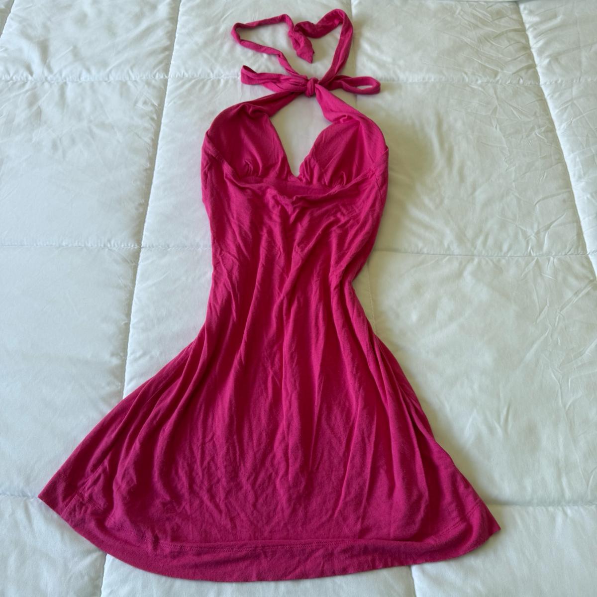 Hot Pink Halter Babydoll Mini Dress  XS  Open Back Tie Neck - Adelanto, California - FleaMarketBay