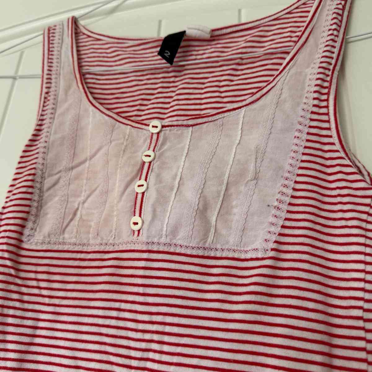 Red  White Striped Sleeveless Tank Top with Button Front