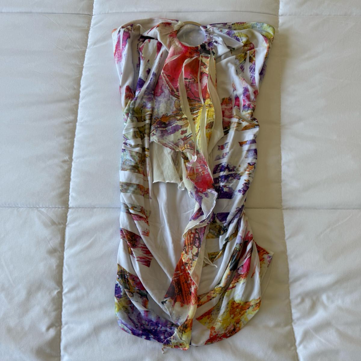 Strapless Abstract Watercolor Ruched Tube Top  Vibrant Multi