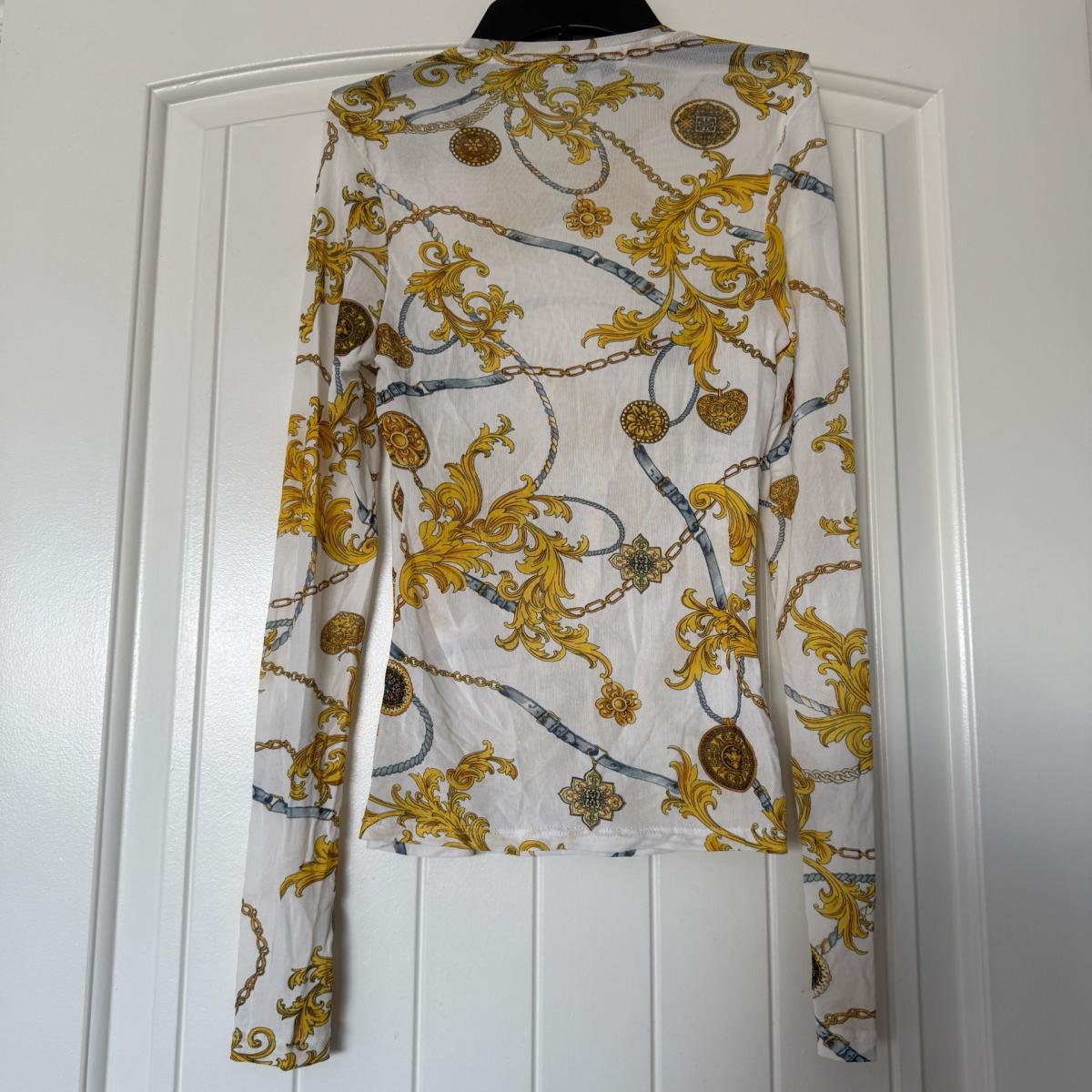 Gold Baroque Chain Print Sheer Mesh Long Sleeve Top  Size Sm - Los Angeles, California - FleaMarketBay