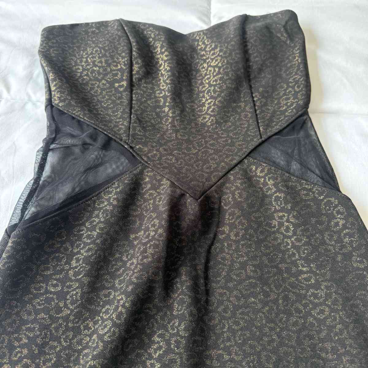 Strapless Black  Gold Animal Print Bodycon Dress with Mesh S