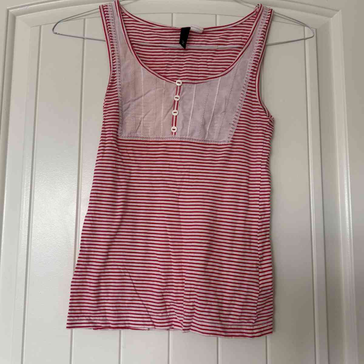 Red  White Striped Sleeveless Tank Top with Button Front
