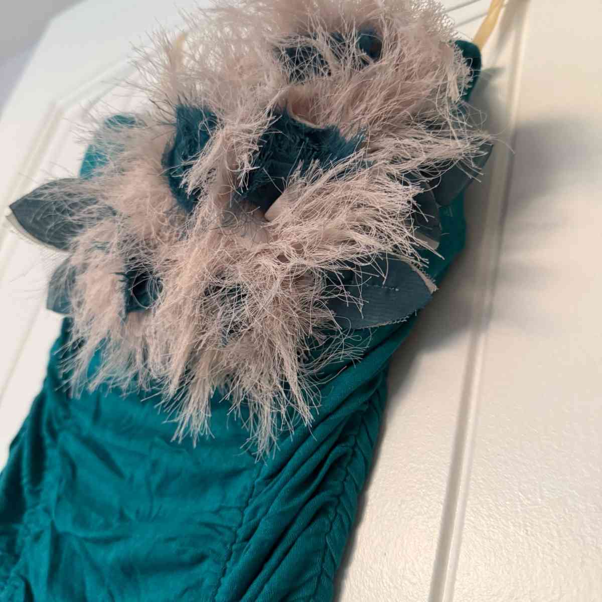 Teal Strapless Ruched Cocktail Dress with Feather Trim