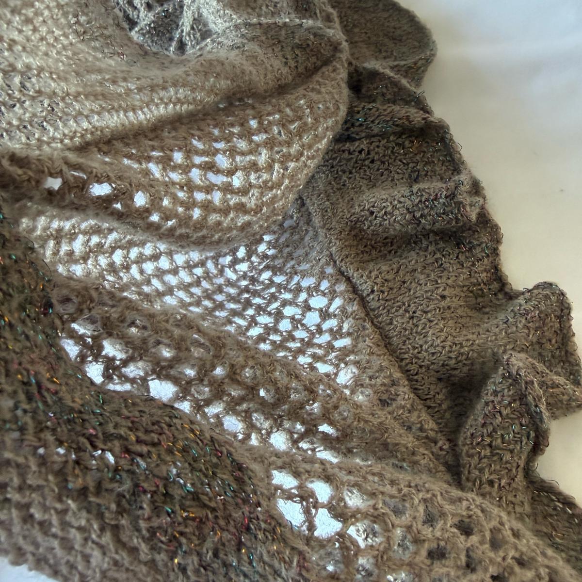 Taupe Metallic Knit Infinity Scarf with Ruffled Edge