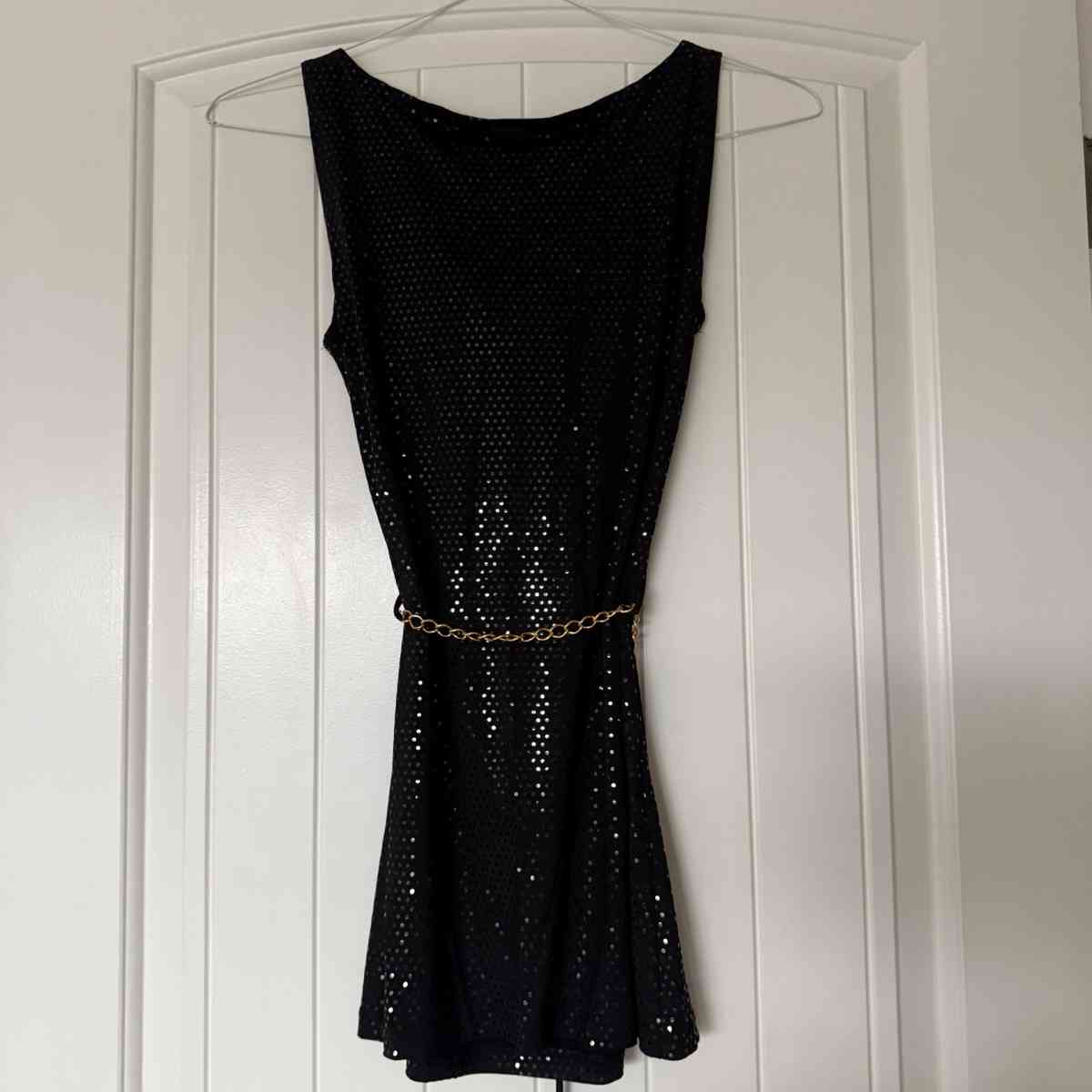 Black Metallic Polka Dot Cowl Neck Cocktail Dress with Gold