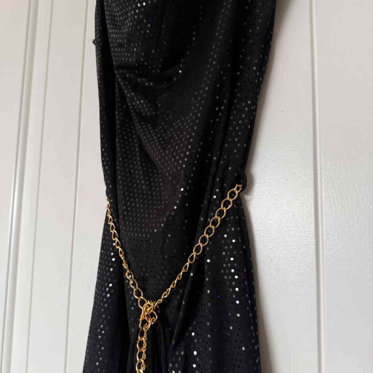 Black Metallic Polka Dot Cowl Neck Cocktail Dress with Gold