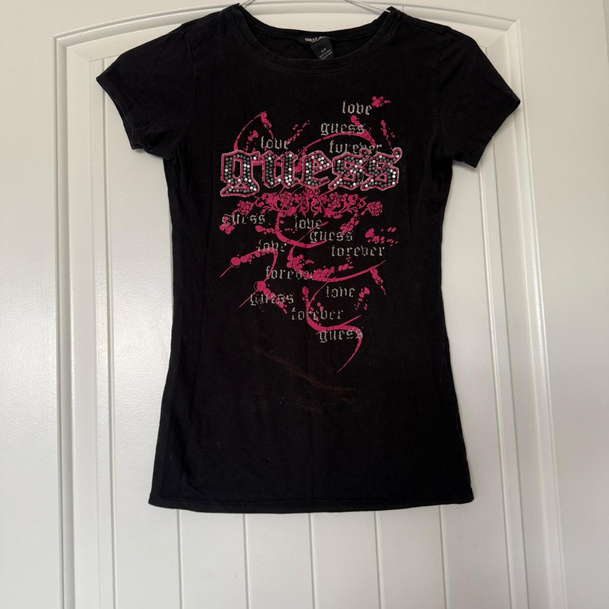 GUESS Jeans Womens Black Rhinestone Logo Graphic Tee Small Y