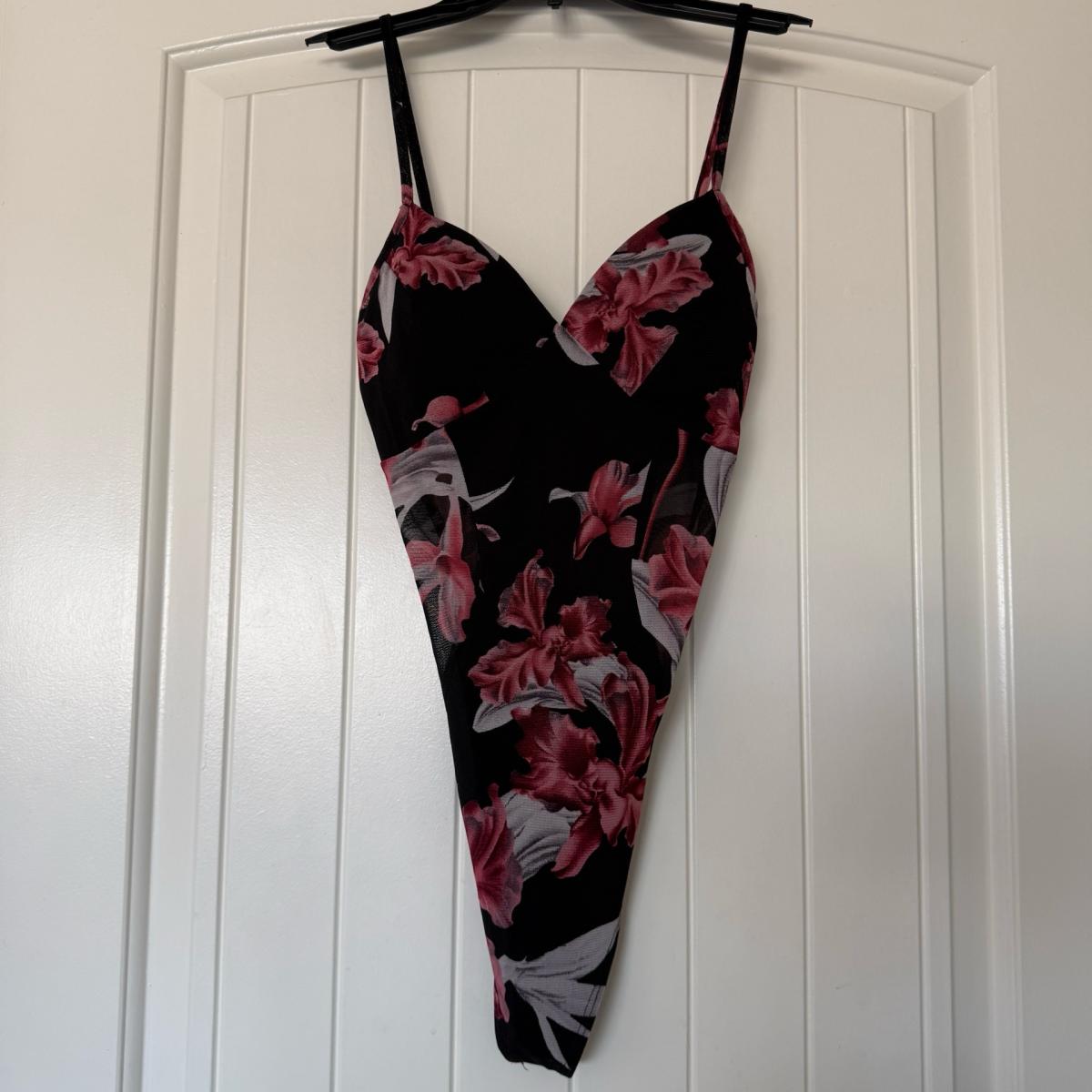 Olive Tree Black Sheer Floral Mesh Padded Bodysuit  Pink Ros