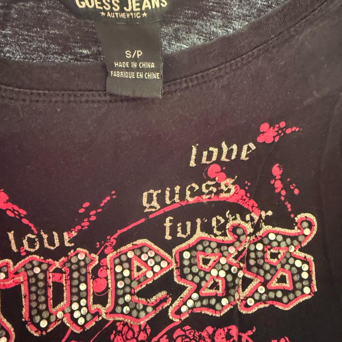 GUESS Jeans Womens Black Rhinestone Logo Graphic Tee Small Y