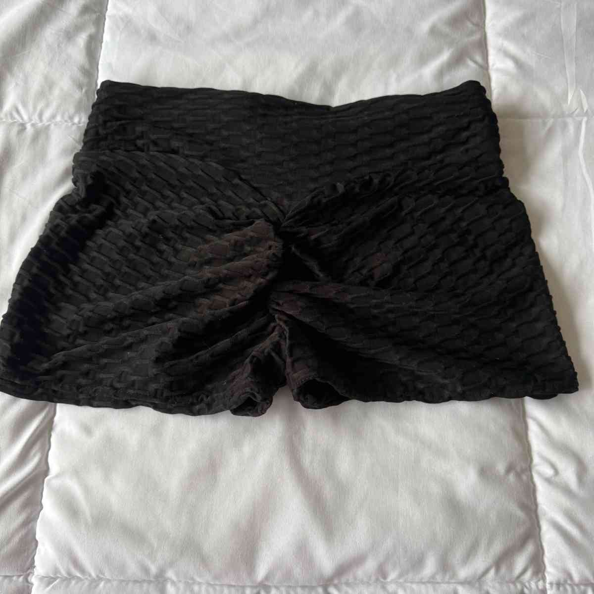 Black Textured HighWaisted Stretch Lounge Shorts  Smocked