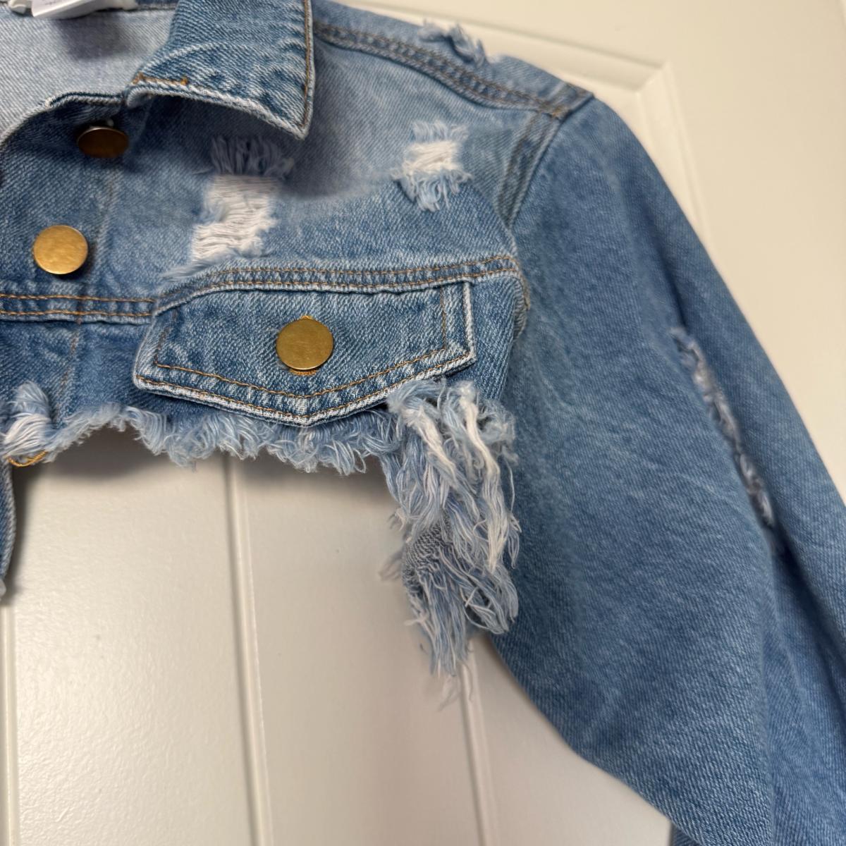 Ultra Cropped Distressed Denim Jacket  Raw Hem Light Wash  B - Los Angeles, California - FleaMarketBay