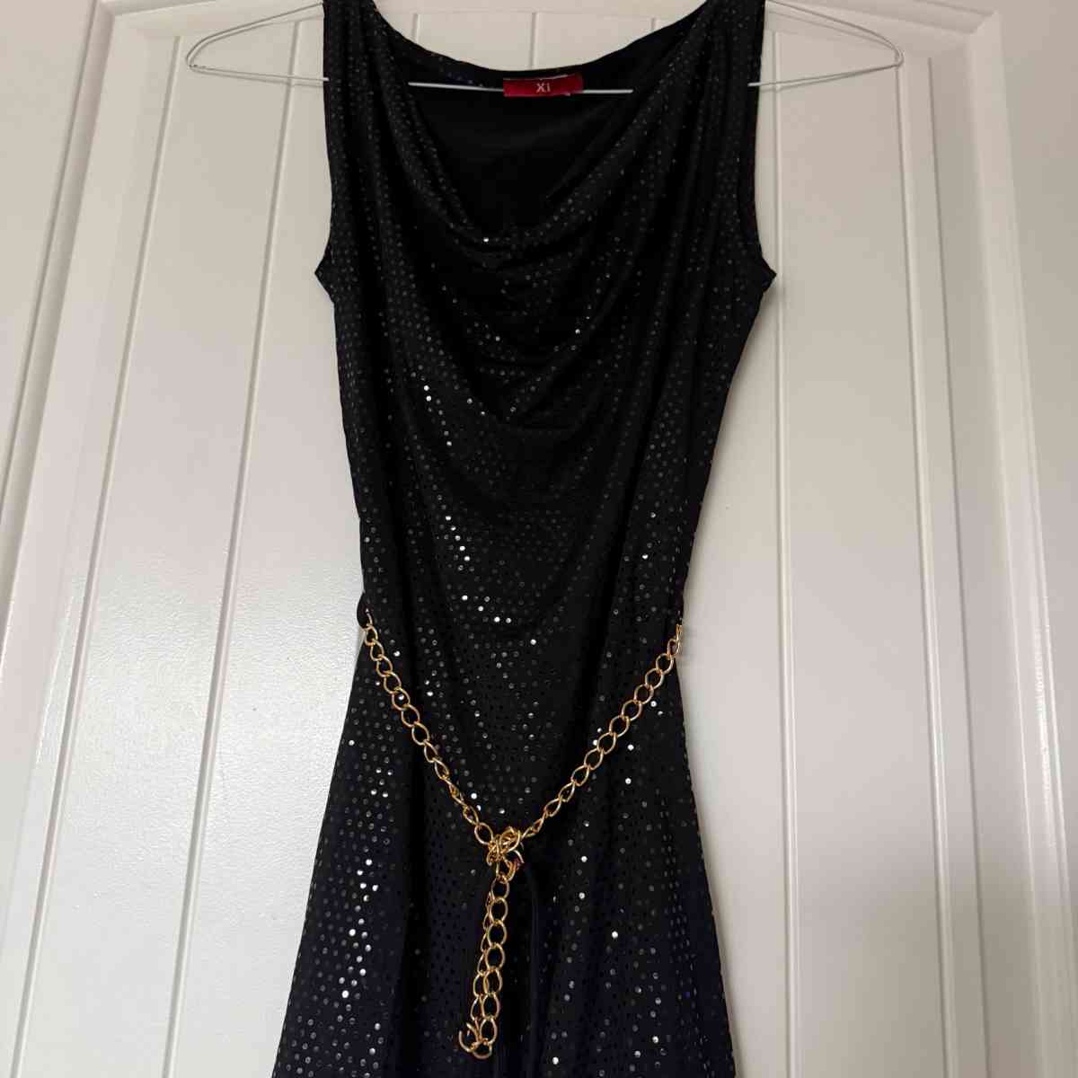 Black Metallic Polka Dot Cowl Neck Cocktail Dress with Gold