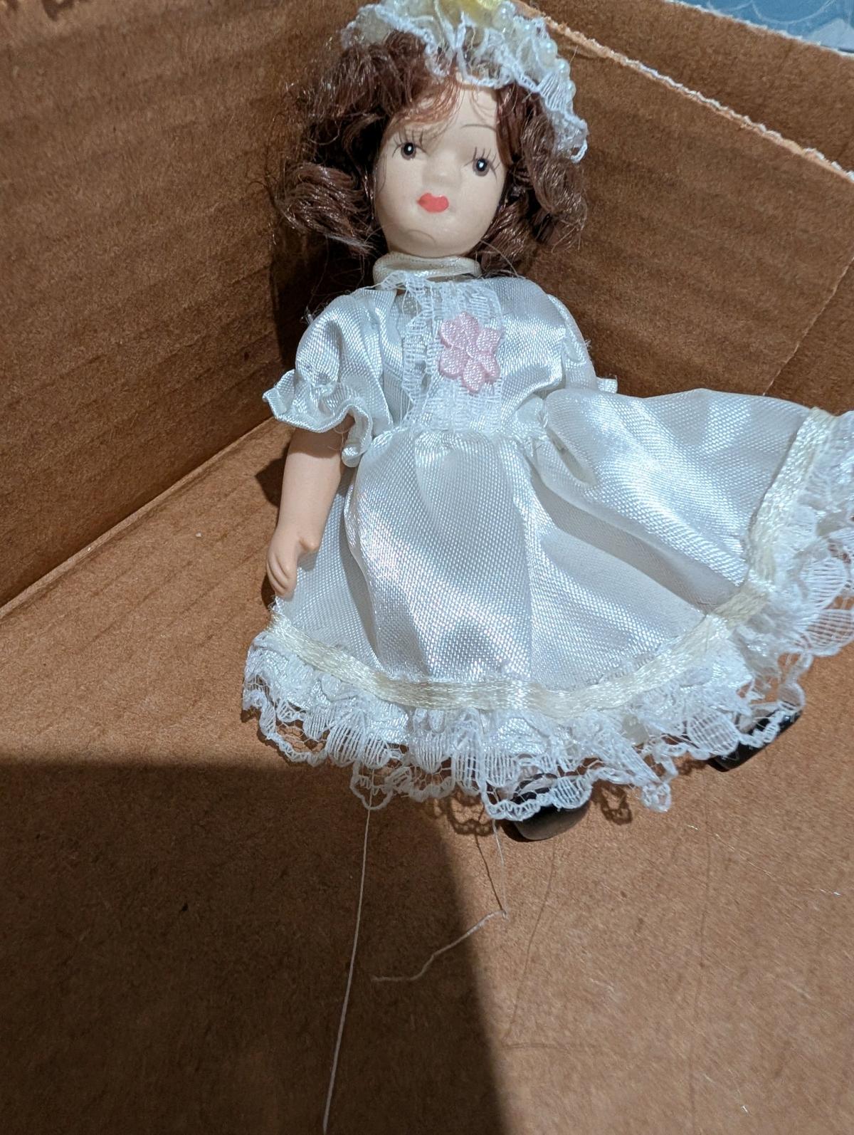 Vintage String Jointed Porcelain Doll Brown Hair Brown Eyes