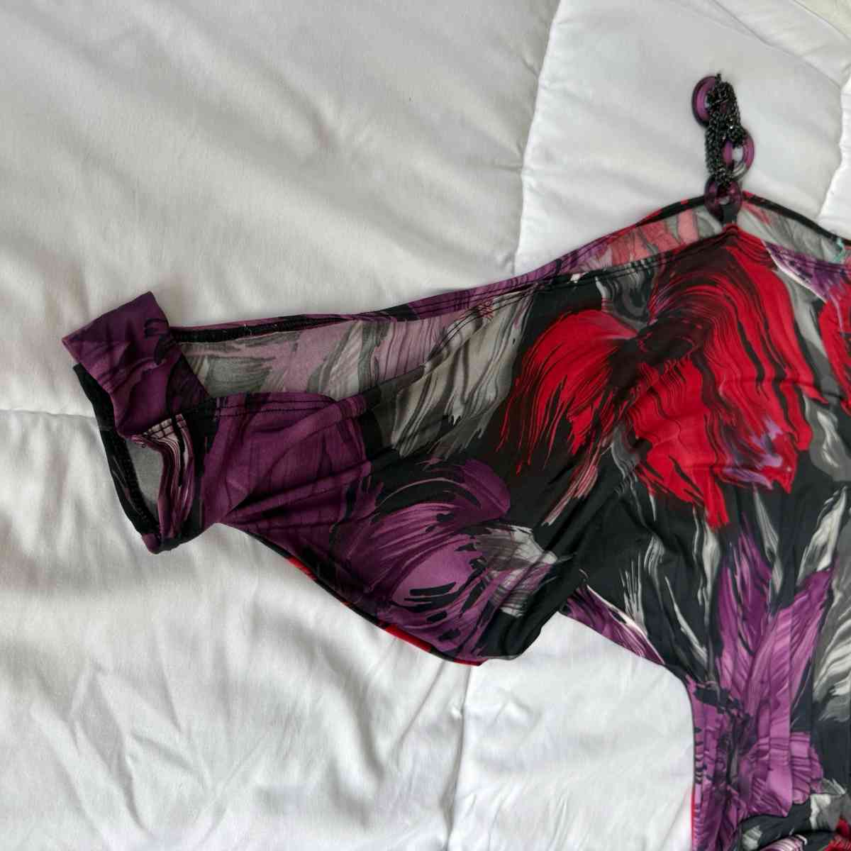 Brand New OneShoulder Ruched Longline Top  Red  Purple Abstr