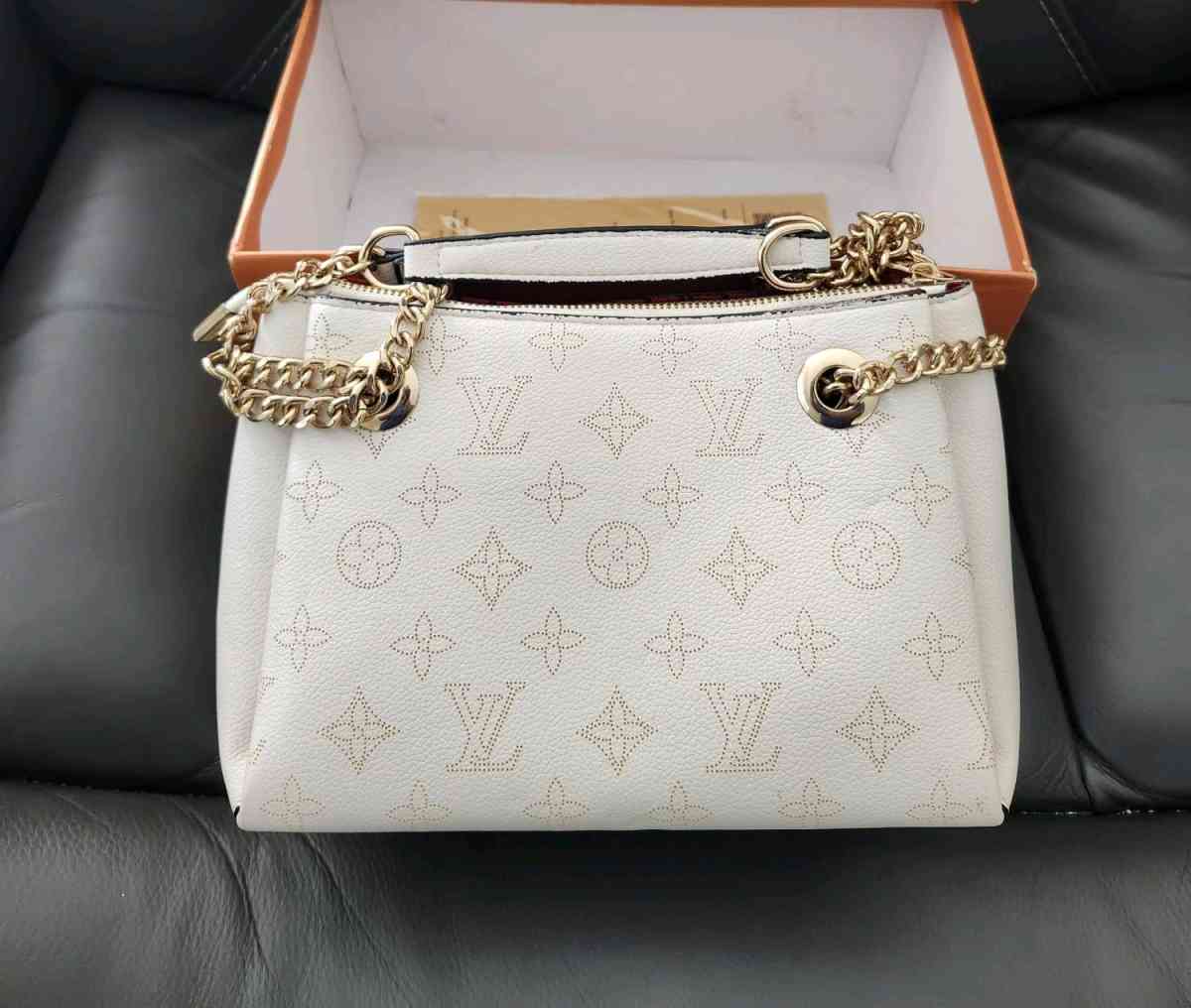 White Perforated Chain Shoulder Bag  Gold Hardware  New