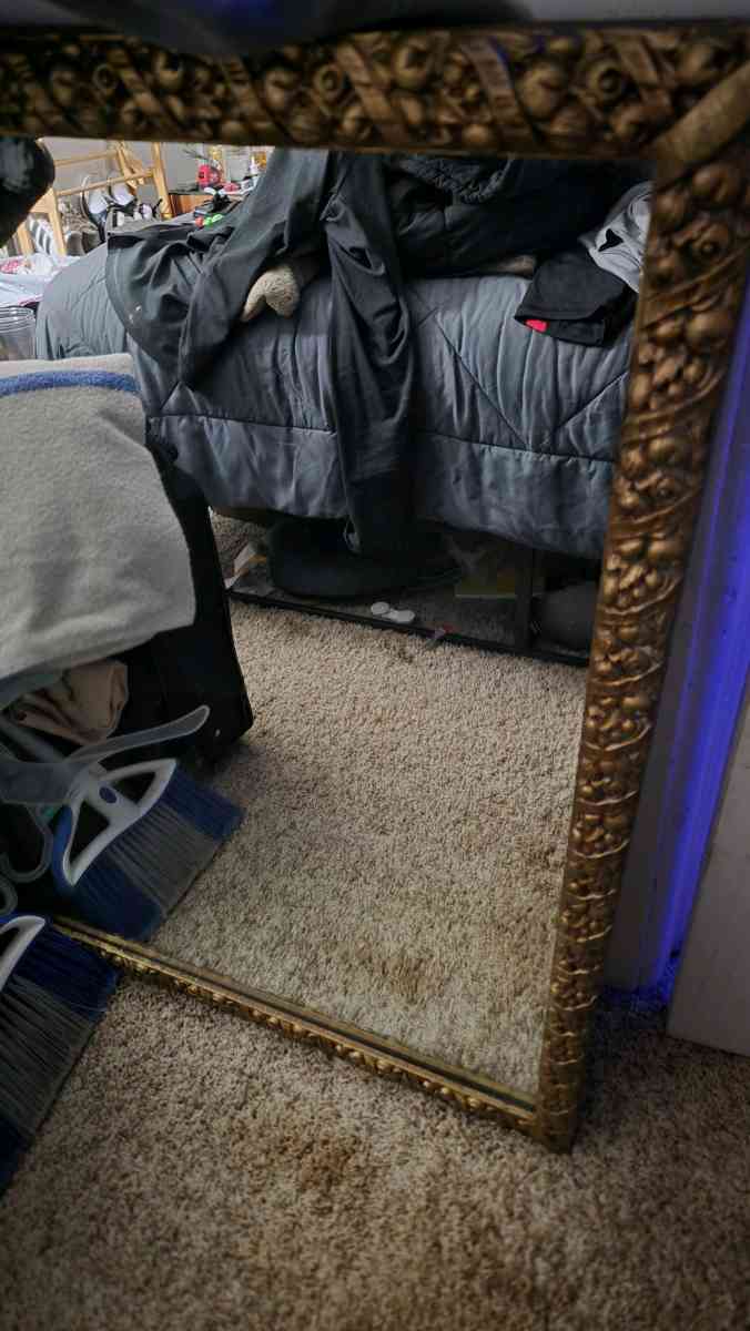 Gilt wood framed wall mirror with ornate deco