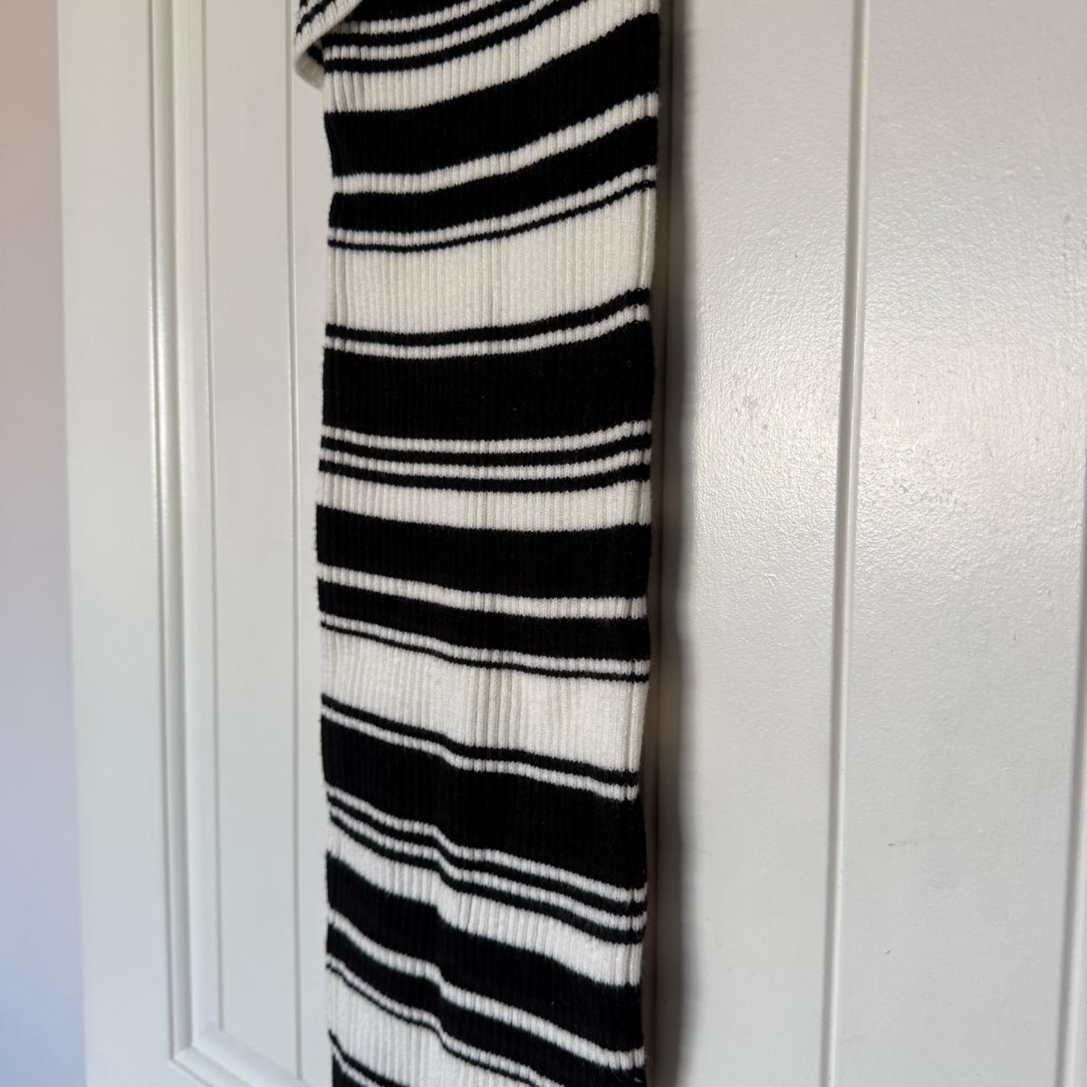 Brand New Ribbed Knit Black  Cream Striped Wrap Midi Dress