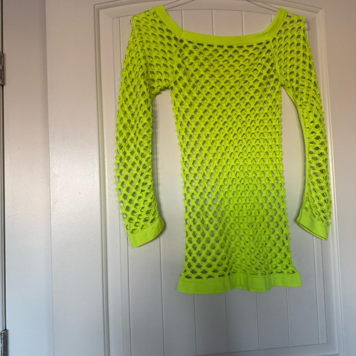 Neon Lime Green Fishnet Mesh Long Sleeve Tunic  Y2K Festival