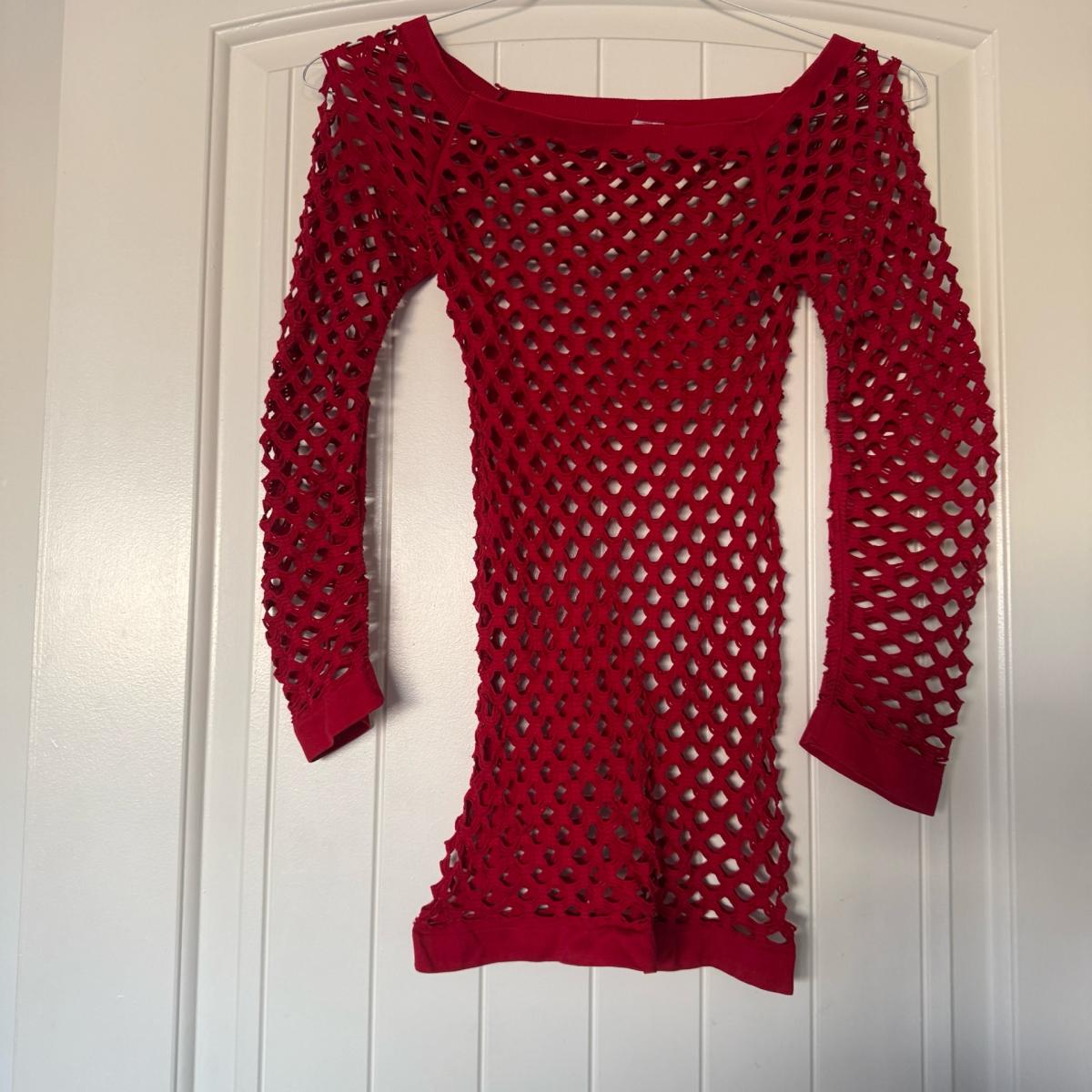 Brand New Red Openwork Knit Long Sleeve Top  Sheer Lattice S