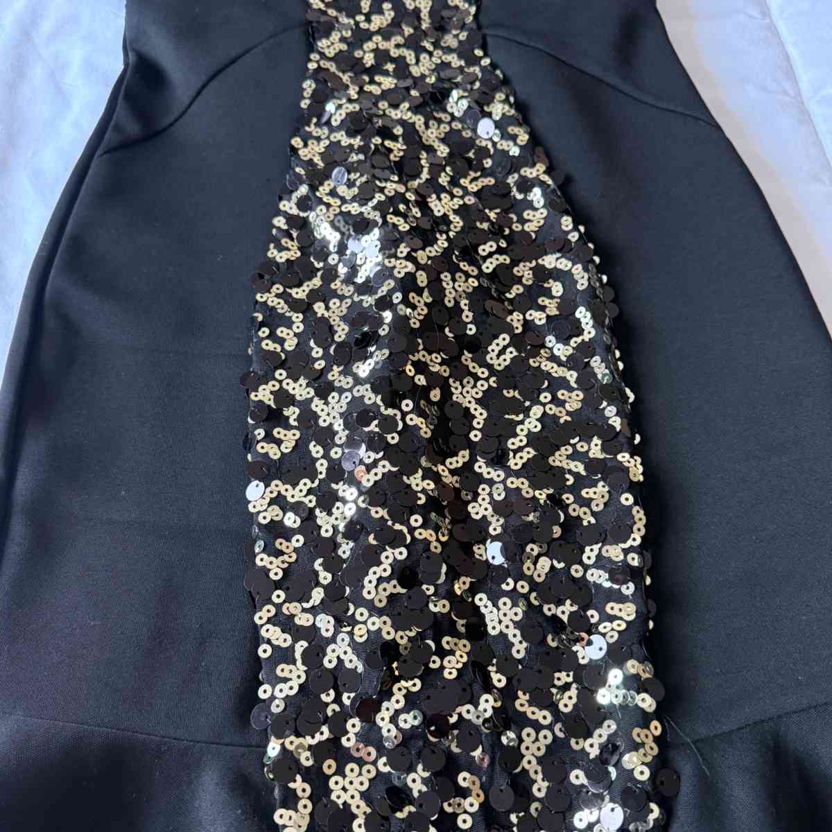 Glam Strapless Black Cocktail Dress with Gold Sequin Panel