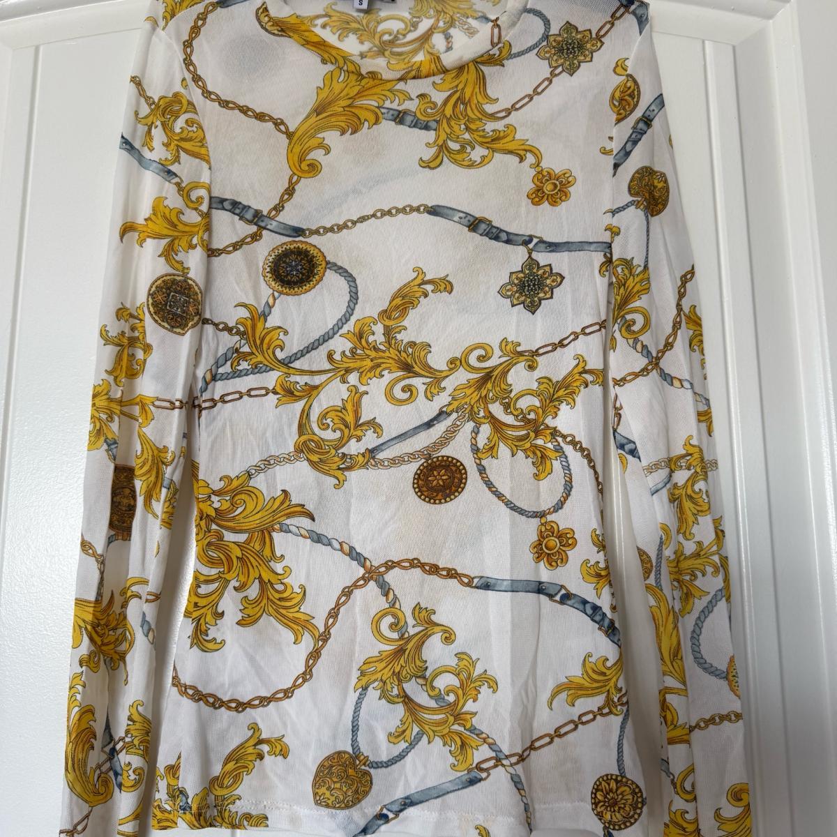 Gold Baroque Chain Print Sheer Mesh Long Sleeve Top  Size Sm - Los Angeles, California - FleaMarketBay