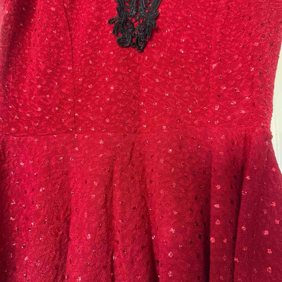 New Red Peplum Top with Black Lace Statement Neckline S