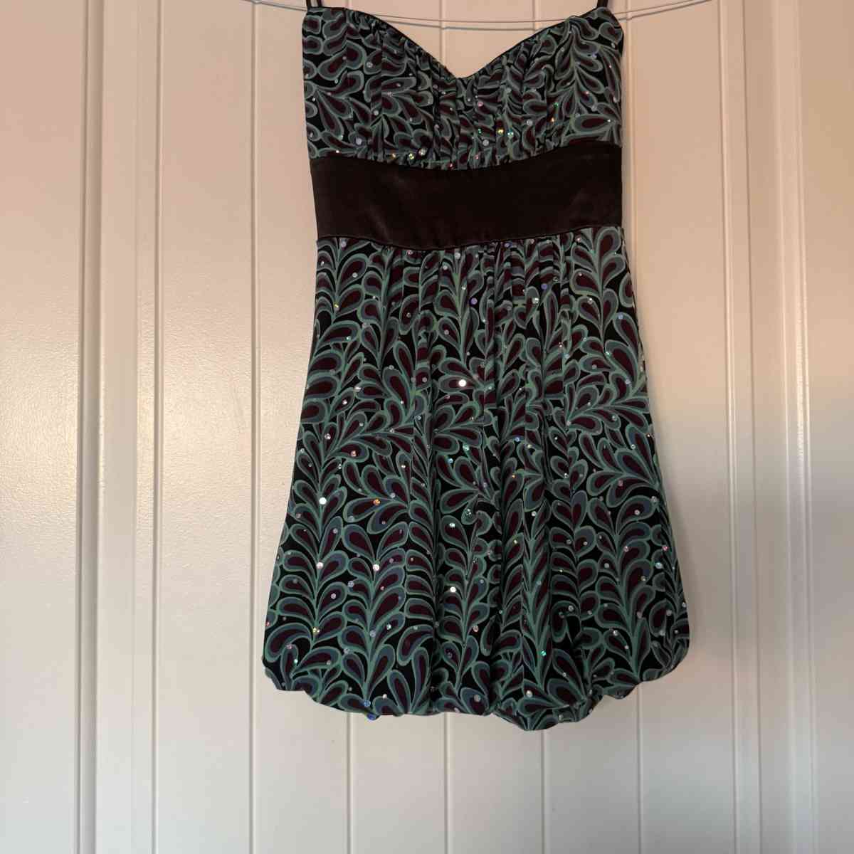 Strapless Teal  Black Sparkle Cocktail Dress with Satin Wais