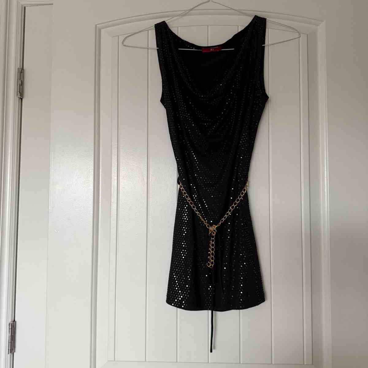 Black Metallic Polka Dot Cowl Neck Cocktail Dress with Gold