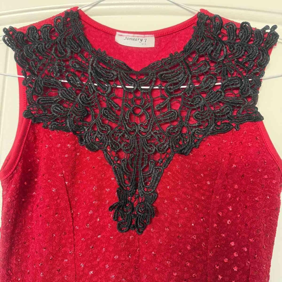 New Red Peplum Top with Black Lace Statement Neckline S