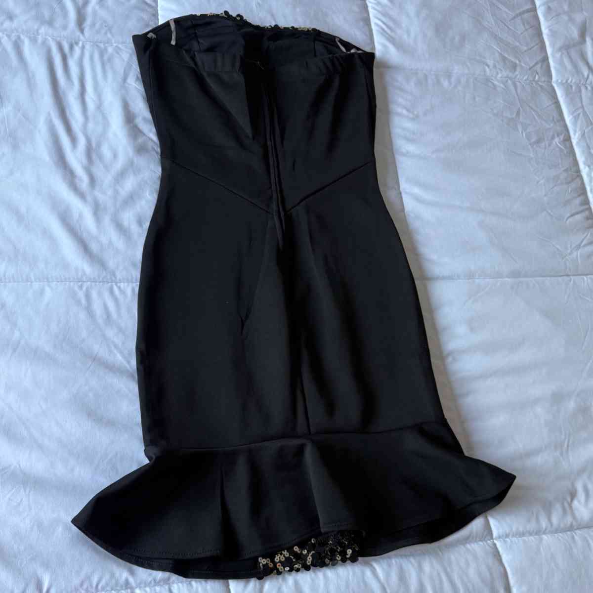 Glam Strapless Black Cocktail Dress with Gold Sequin Panel