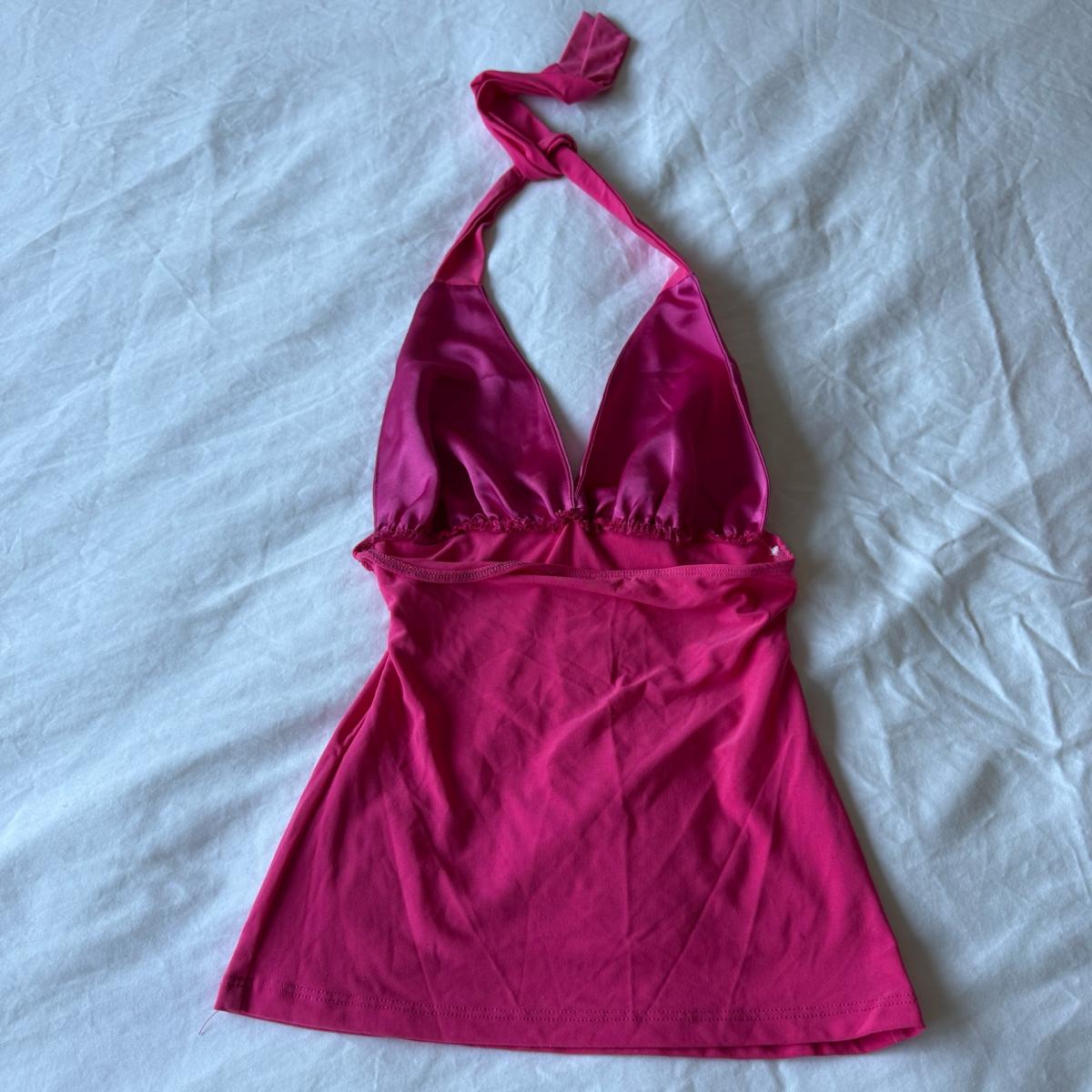Hot Pink Satin Halter Top w Rhinestone Buckle  Deep V Party