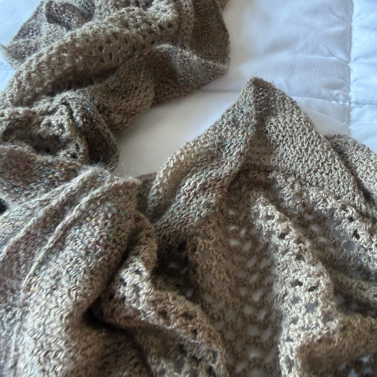 Taupe Metallic Knit Infinity Scarf with Ruffled Edge