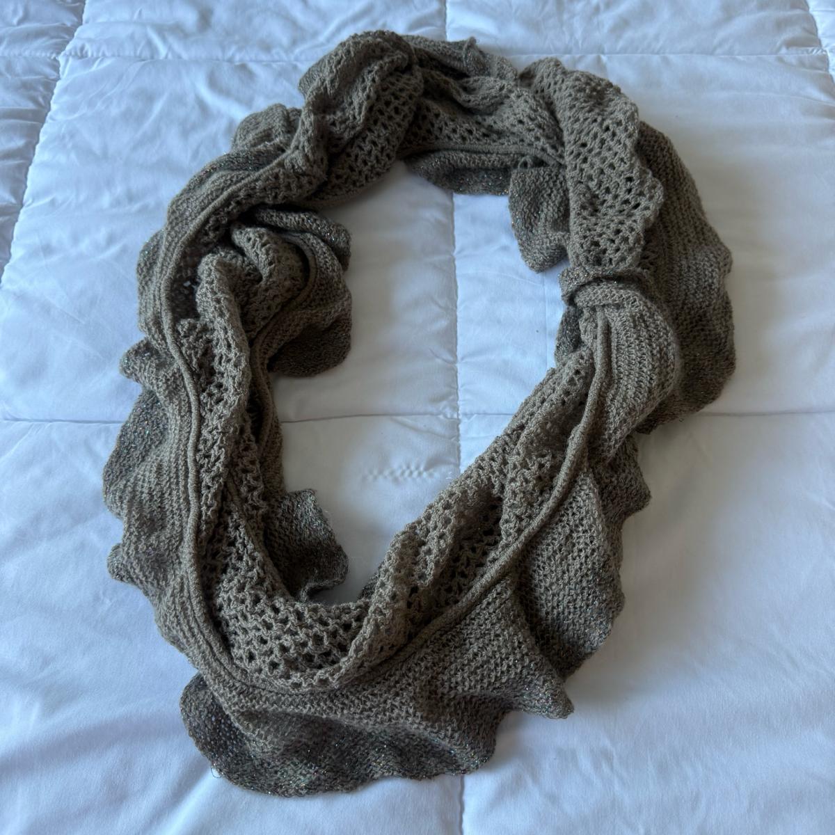 Taupe Metallic Knit Infinity Scarf with Ruffled Edge