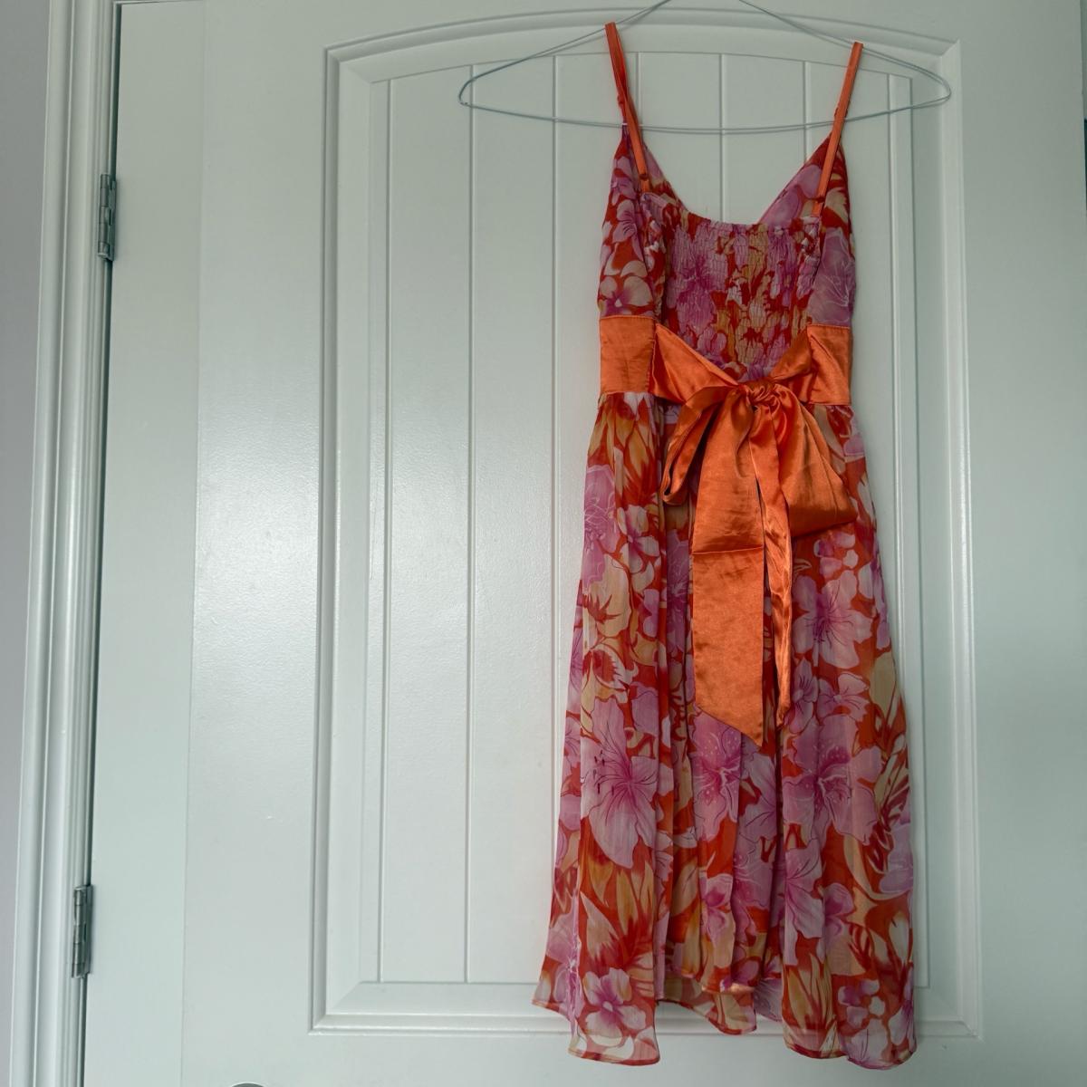 Vibrant Orange  Pink Floral Chiffon Dress with Satin Waistba - Los Angeles, California - FleaMarketBay