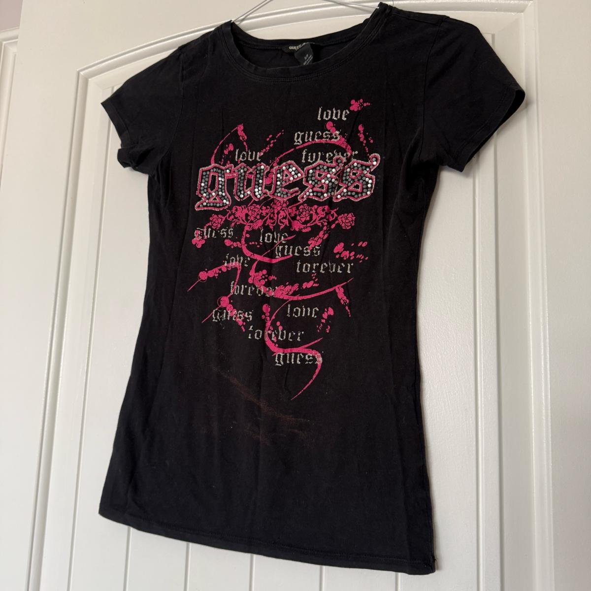 GUESS Jeans Womens Black Rhinestone Logo Graphic Tee Small Y