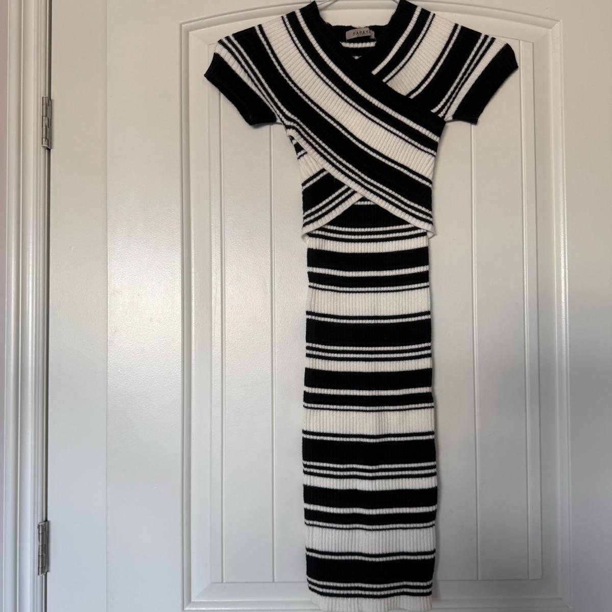 Brand New Ribbed Knit Black  Cream Striped Wrap Midi Dress
