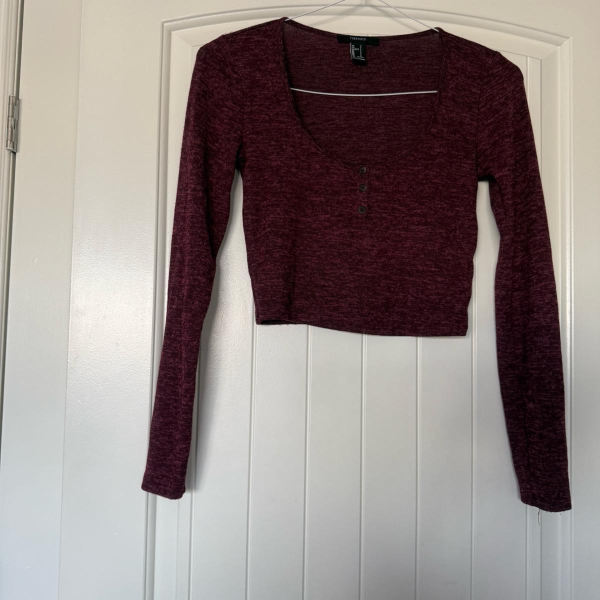 Forever 21 Burgundy Marled Cropped Henley Top  Long Sleeve S