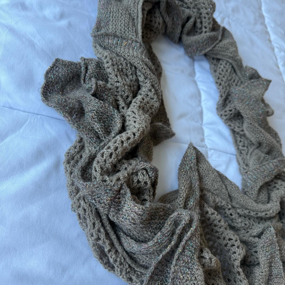 Taupe Metallic Knit Infinity Scarf with Ruffled Edge
