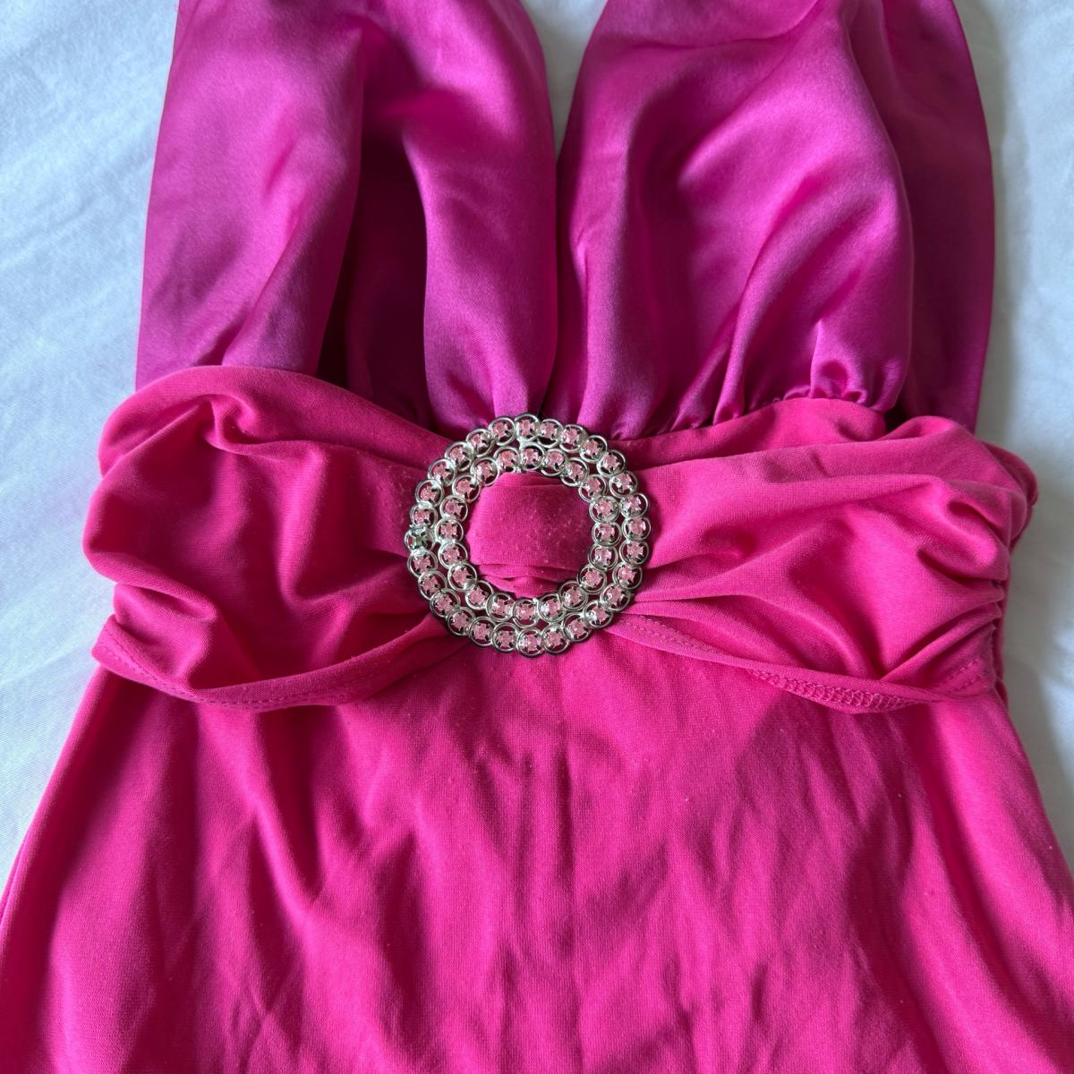 Hot Pink Satin Halter Top w Rhinestone Buckle  Deep V Party