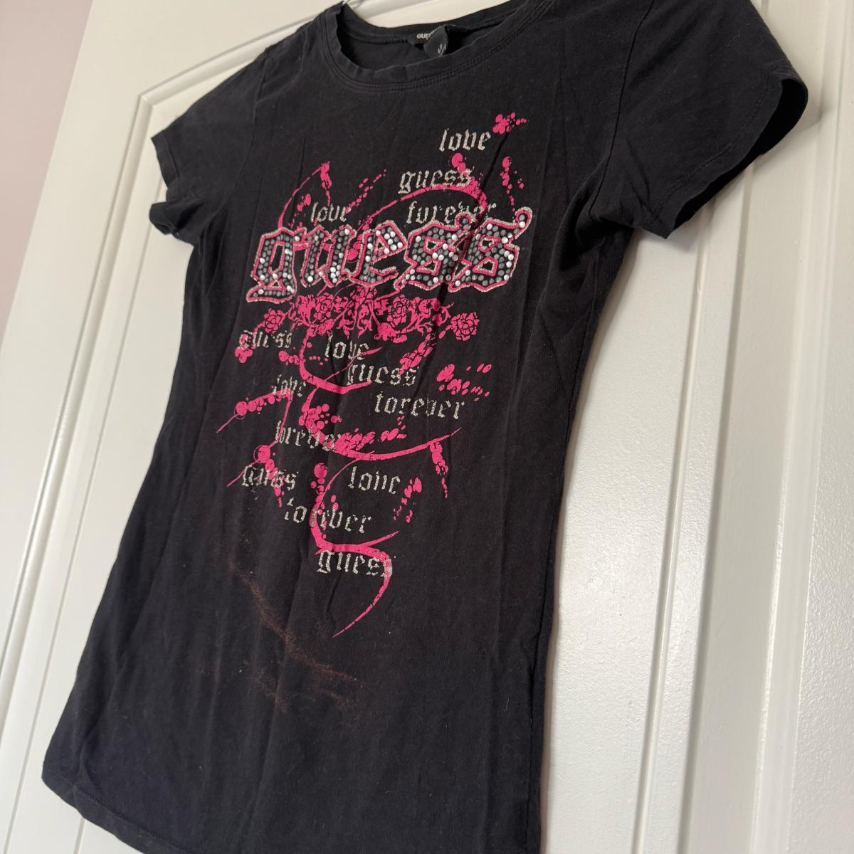 GUESS Jeans Womens Black Rhinestone Logo Graphic Tee Small Y