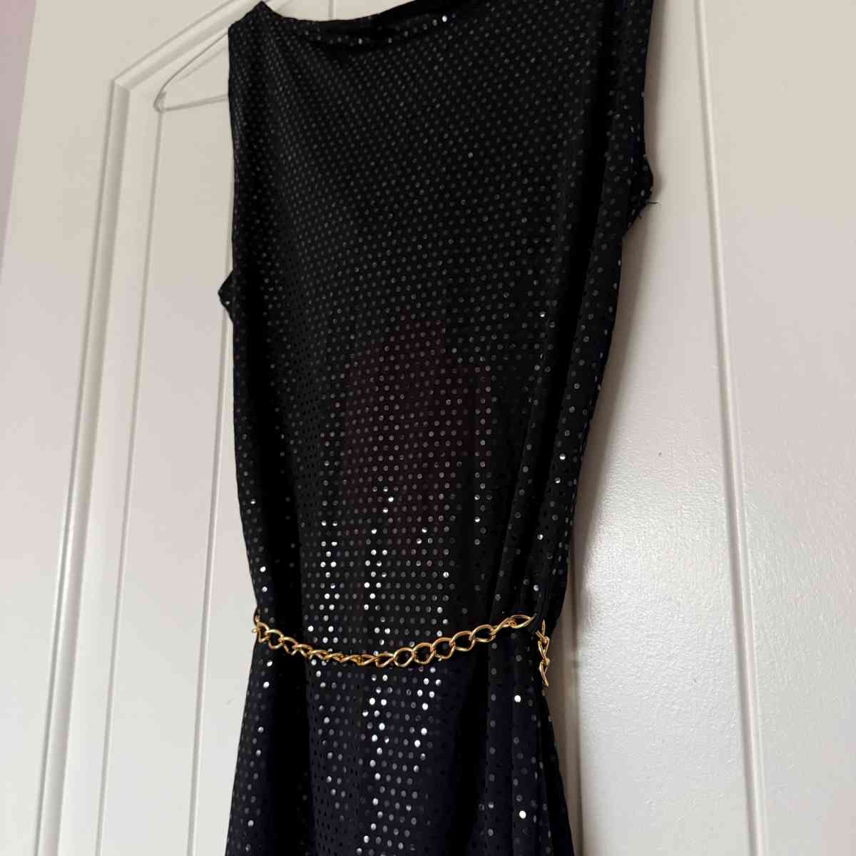 Black Metallic Polka Dot Cowl Neck Cocktail Dress with Gold