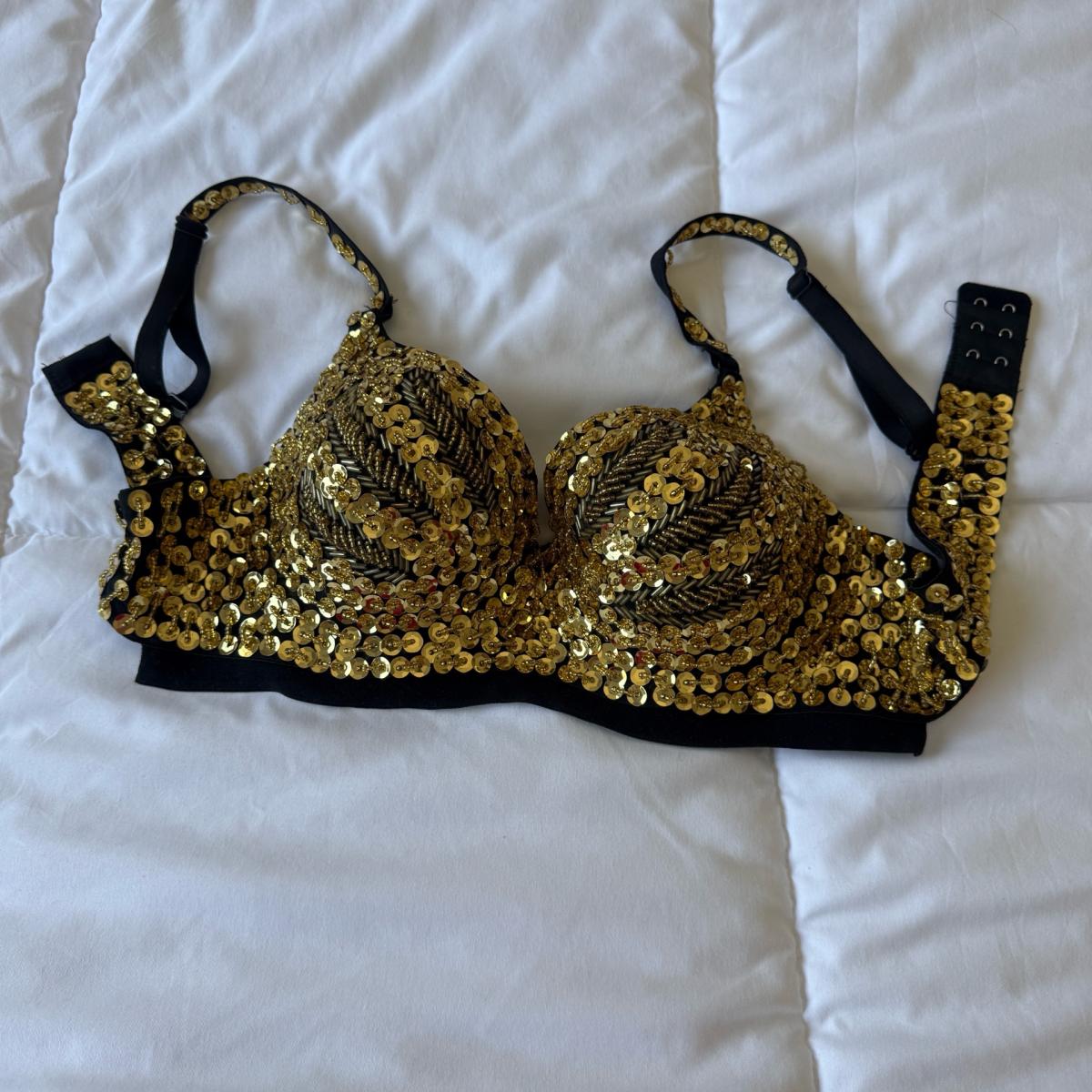 Brand HandEmbellished Gold Sequin Performance Bra  Showgirl