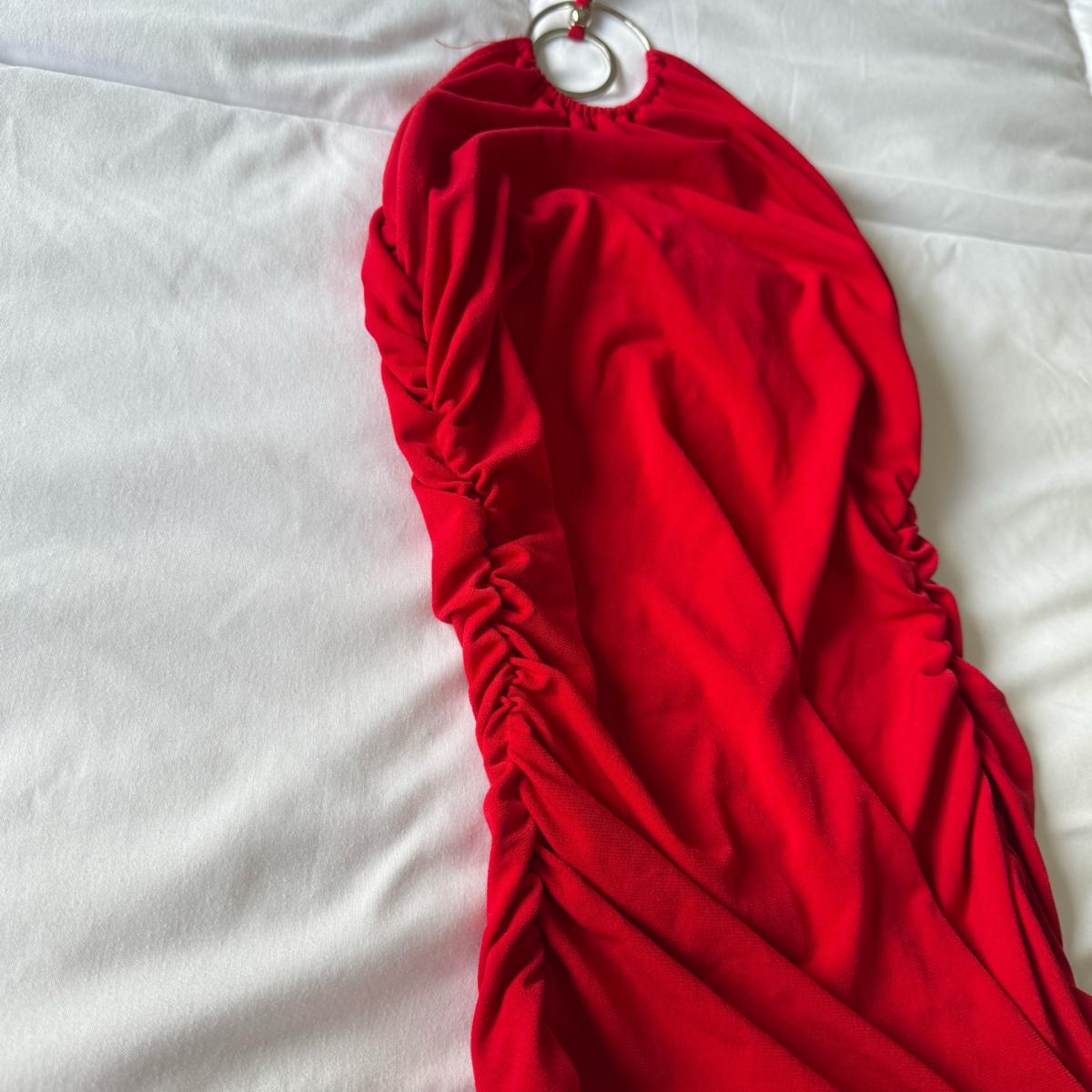 Bold Red Ruched Halter Tank with Metal Ring Detail S