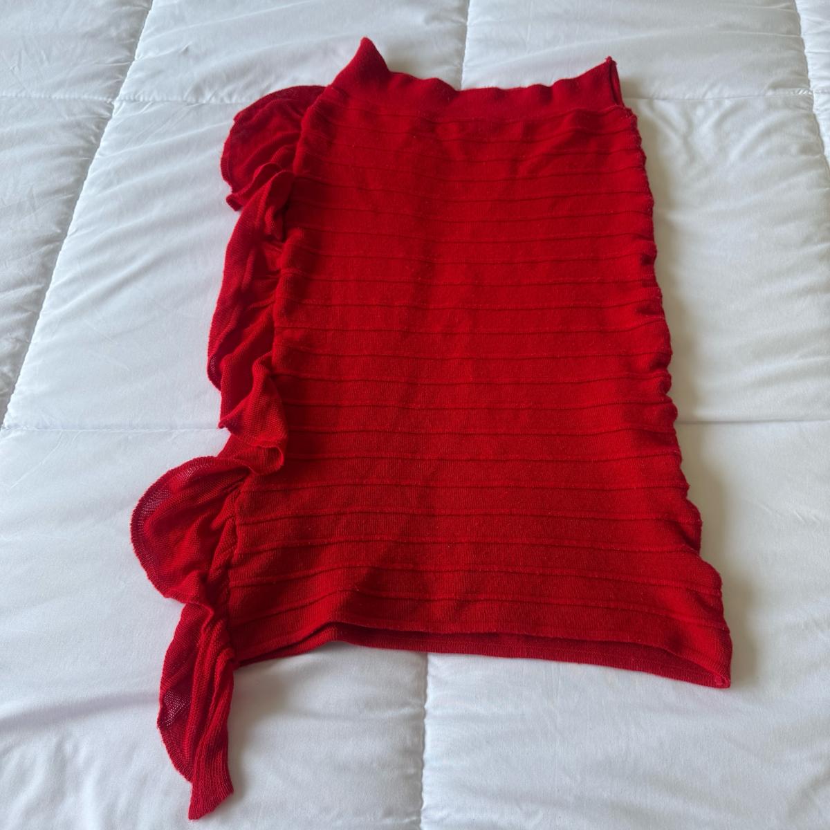 Red Ribbed Knit Ruffle Bodycon Skirt  Convertible Strapless