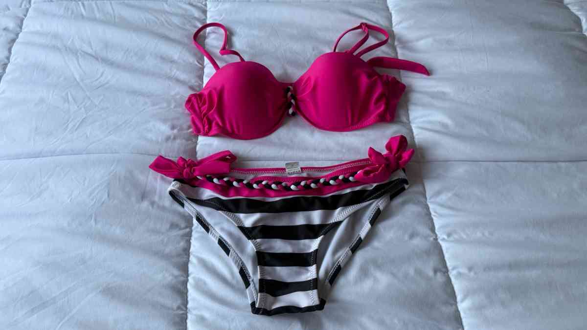 Hot Pink  Black Striped Bikini Set  Padded Bra Top with Brai
