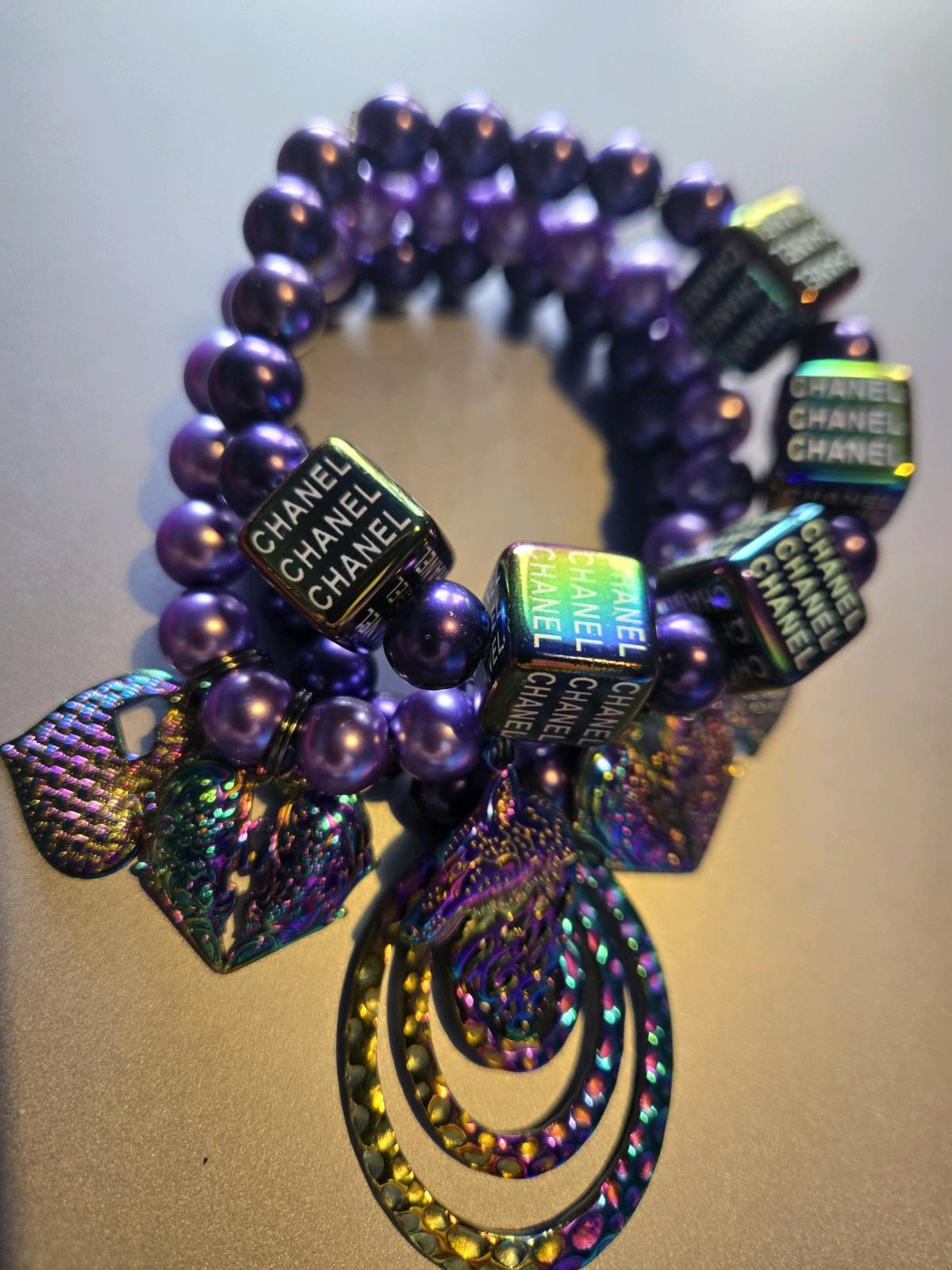 3pc Beaded Charm Bracelet set purple